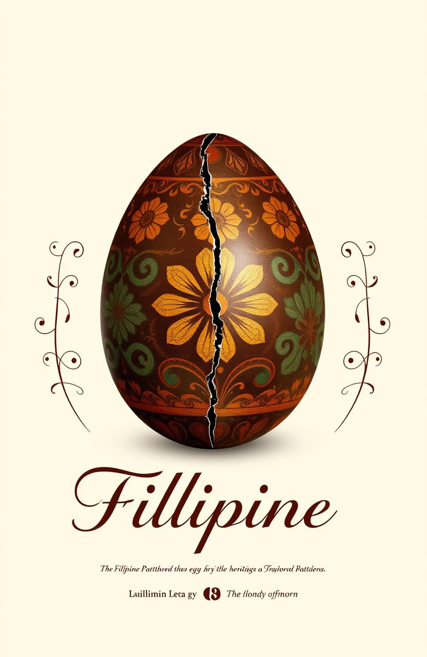 A beautifully painted egg featuring intricate Filipino patterns, showcasing vibrant designs that symbolize cultural heritage but includes a visible crack representing a fractured legacy