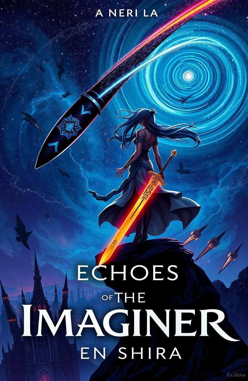 A dramatic cover design for 'Echoes of the Imaginer' by En Shira, showcasing a fusion of action-fantasy and sci-fi elements