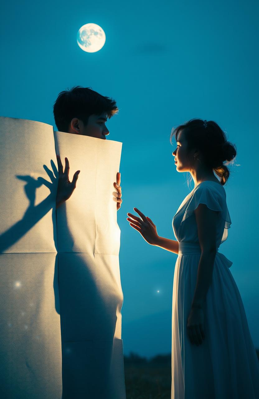 A tragic romantic scene set in a blue-toned atmosphere, capturing the emotions of longing and sorrow