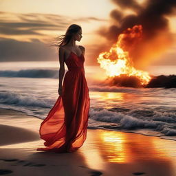 A dramatic scene of a fashion model on a tranquil beach under a setting sun, mysteriously enveloped by mesmerizing flames that harmoniously coexist with the serene seaside environment.