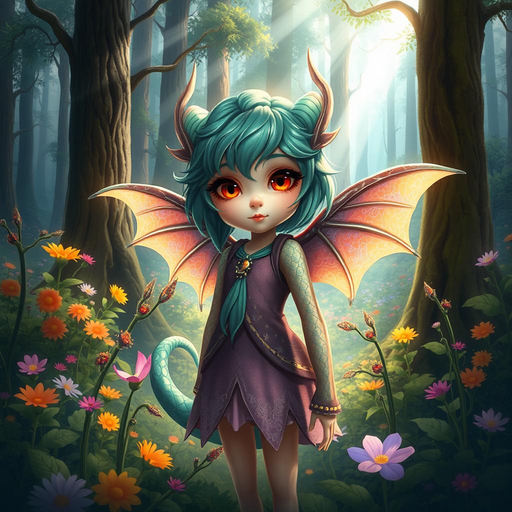 A mystical forest scene featuring a young girl with dragon-like features, embodying the essence of a dragon