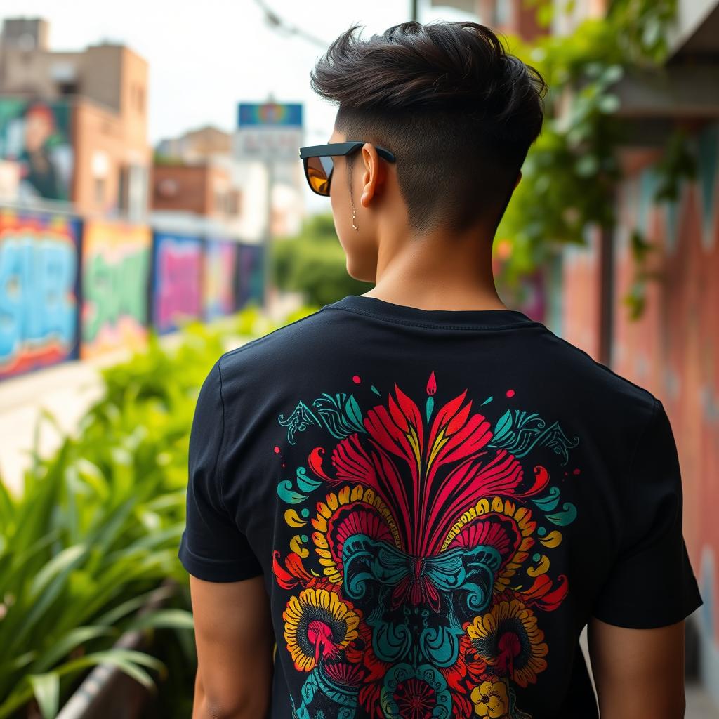 A stylish individual wearing a vibrant graphic T-shirt, seen from behind