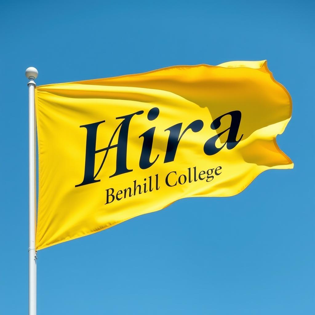 A realistic depiction of a bright yellow flag with the word 'Hira' prominently displayed in bold, elegant lettering
