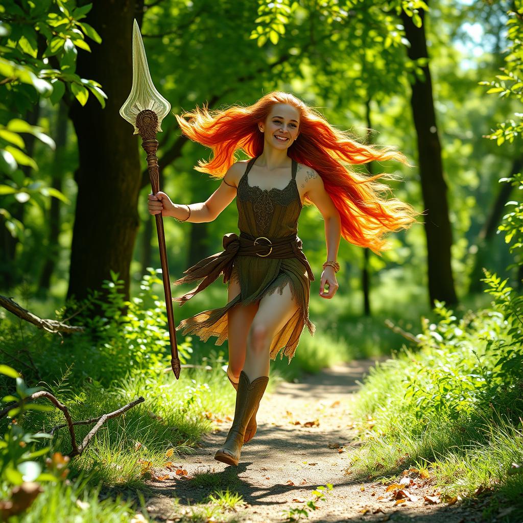 A female druid with flowing auburn hair, wearing a beautiful nature-inspired outfit, is running gracefully through a vibrant green forest on a sunny day