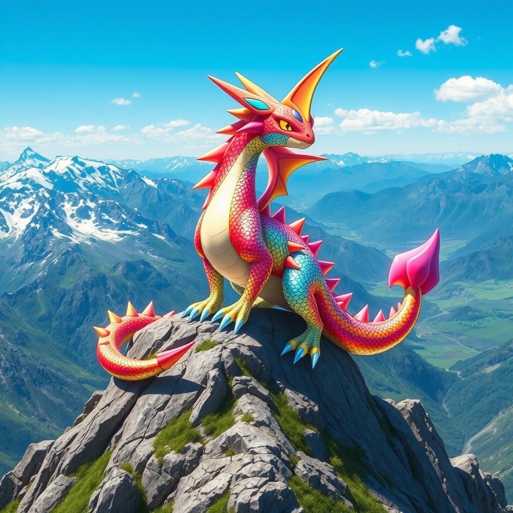 A shiny version of the Pokémon Dracofeu, depicted as a majestic, vibrant dragon with shimmering scales, perched triumphantly on a rugged mountain top