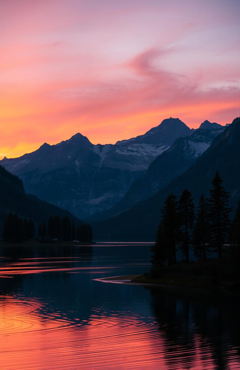A serene landscape during sunset featuring a tranquil lake surrounded by majestic mountains
