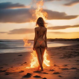 A swimwear model on a sandy beach as the sun sets, surrounded by a captivating display of flames that glows brightly against the seaside backdrop