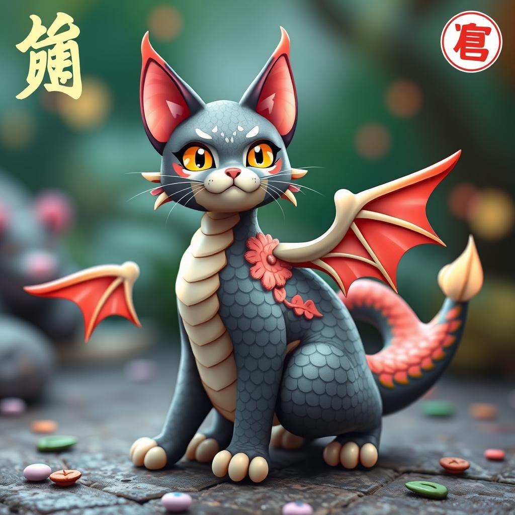 A unique, creative design of a fake Pokémon cat character that has been fused with the Chinese zodiac sign of the Dragon