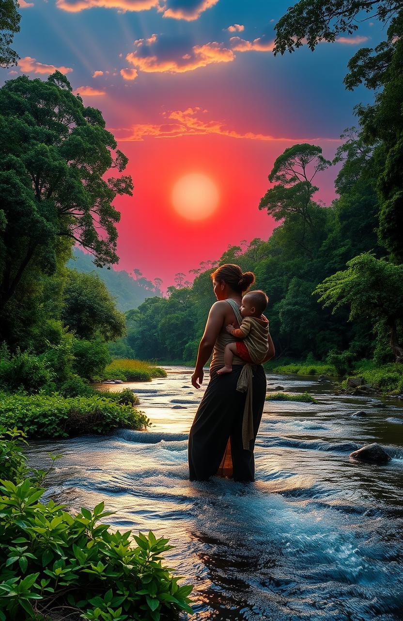 A serene forest scene featuring a river flowing gently through lush greenery, where a woman is fetching water