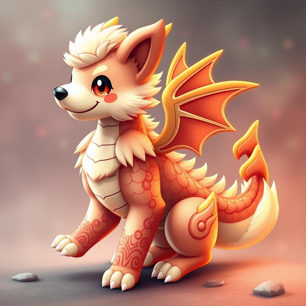 A unique, imaginative design of a fake Pokémon dog character fused with the Chinese zodiac sign of the Dragon