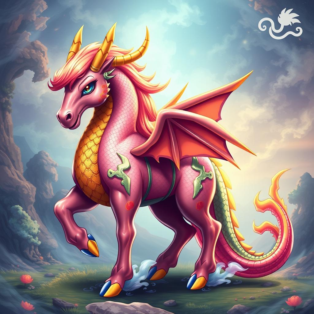 A creative design of a fake Pokémon horse character fused with the Chinese zodiac sign of the Dragon