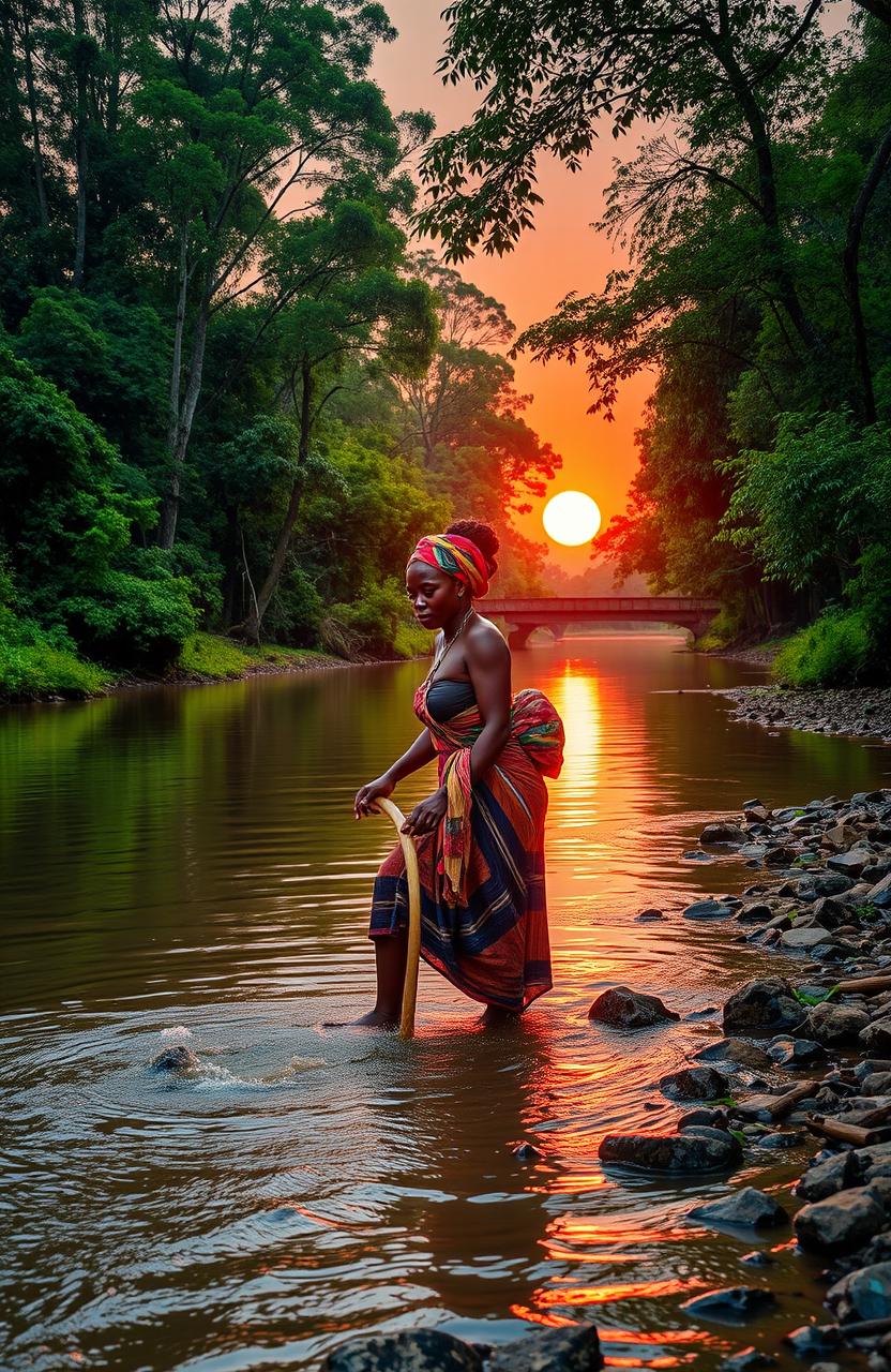 A serene river flowing through a lush green forest, with a stunning African woman gracefully fetching water from the river using a pipe