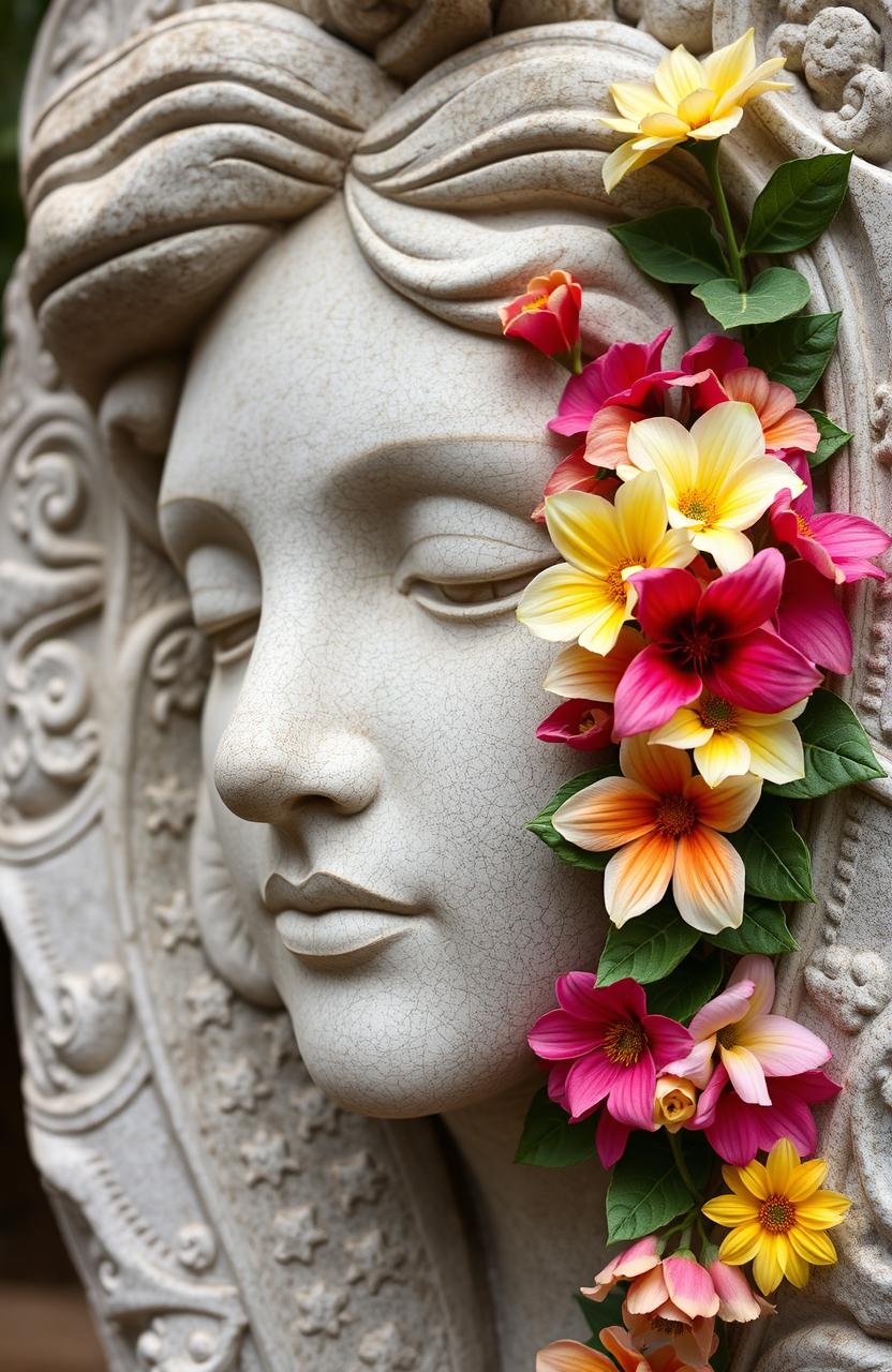 A beautifully carved stone sculpture of a woman's face, showcasing intricate details and realistic features