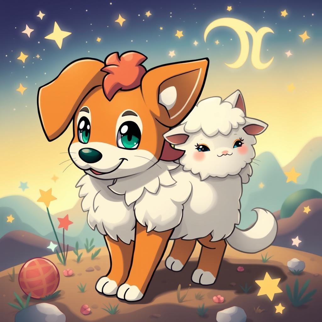 A creative design of a fake Pokémon character that combines features of a dog, cat, and sheep, all fused with elements of the zodiac sign