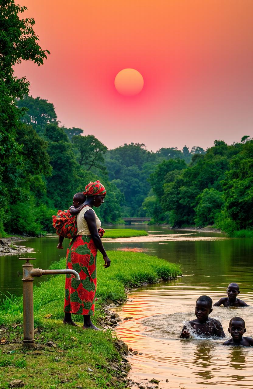 A serene river meandering through a lush green forest, with an African woman gracefully fetching water through a tap installed by the river's side
