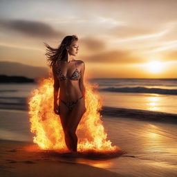 A swimwear model on a sandy beach as the sun sets, surrounded by a captivating display of flames that glows brightly against the seaside backdrop