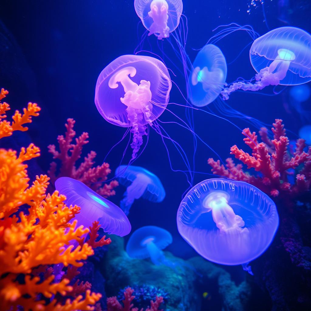 An enchanting underwater scene featuring glowing jellyfish surrounded by colorful fire-like corals and marine plants