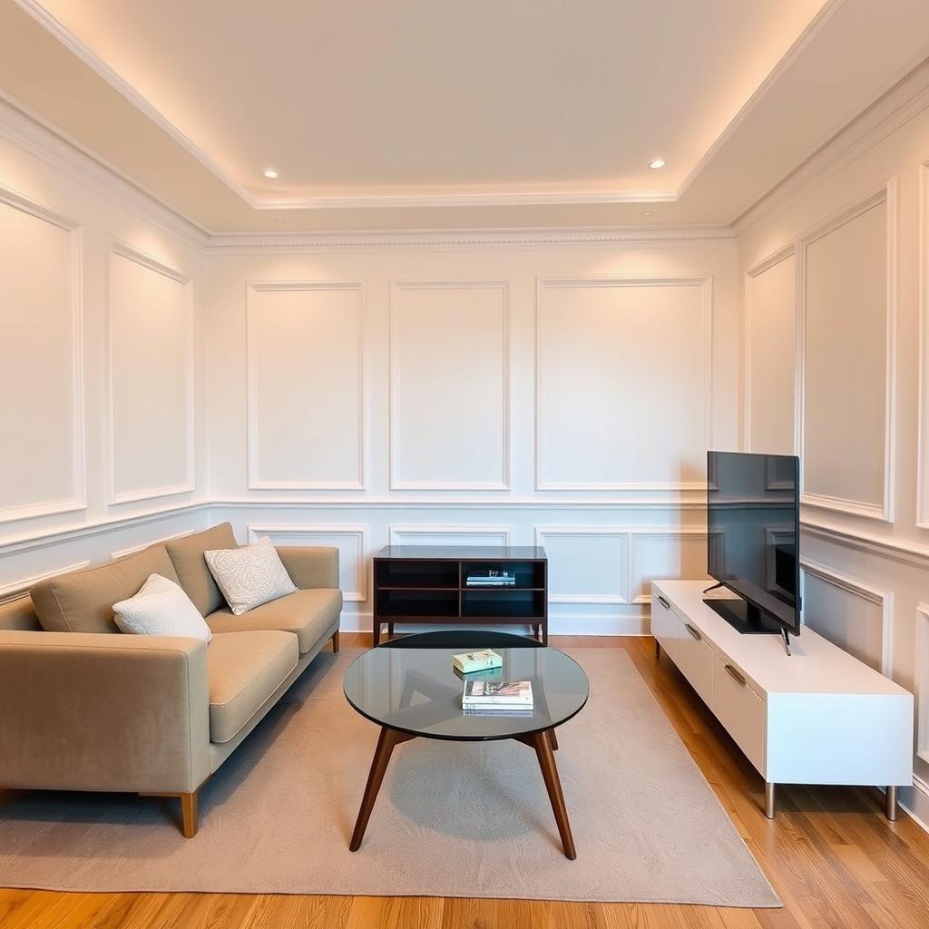 A cozy living room featuring a stylish sofa bed, a modern coffee table, and a sleek TV stand with a flat-screen television