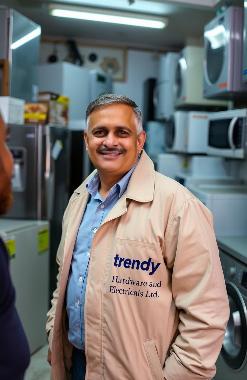 A male shopkeeper standing in an electrical appliances shop, wearing a professional dust coat with the words 'Trendy Hardware and Electricals Ltd' printed on it