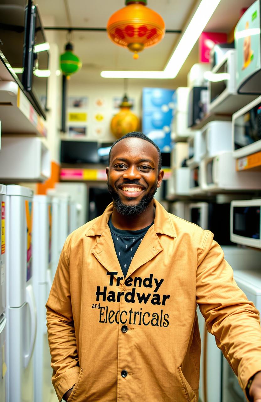 An African man confidently selling electrical appliances in a vibrant shop setting