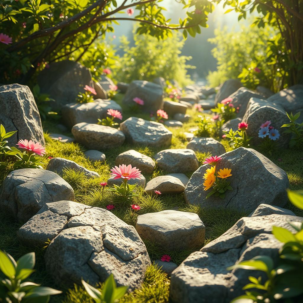 A stunning scene of a vibrant garden featuring various types of stones that appear to be blooming with colorful flowers