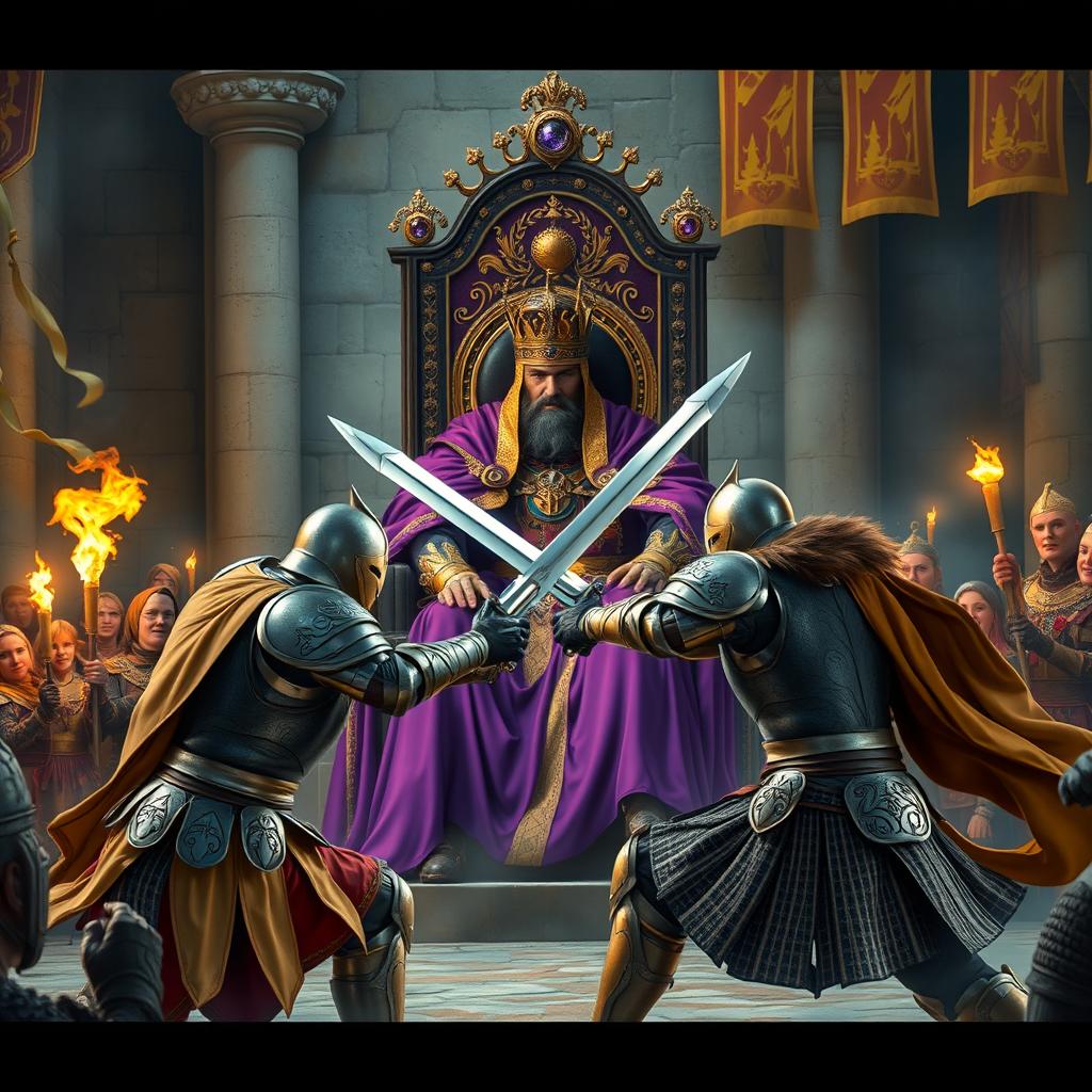 A majestic king seated on an ornate throne, observing an intense duel in an ancient arena