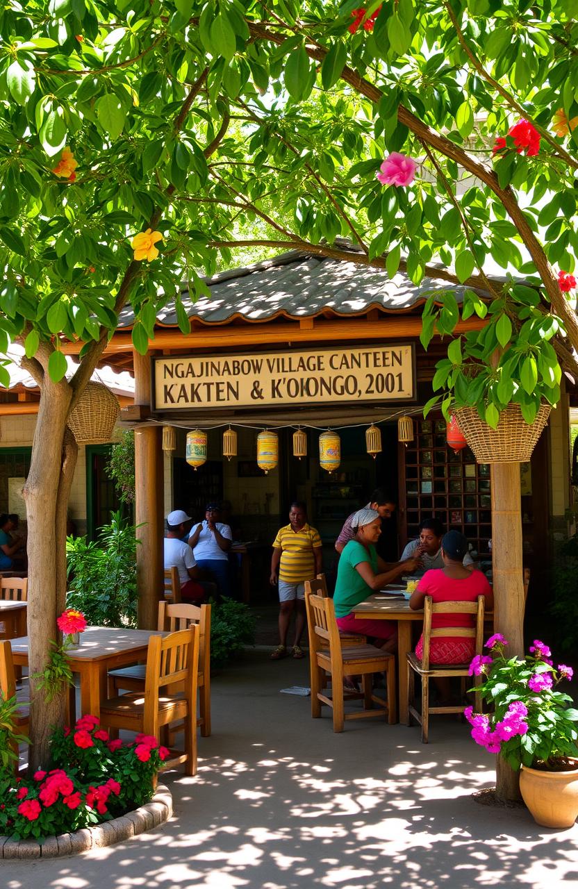 A charming village canteen nestled in a leafy village square, surrounded by vibrant greenery and colorful flowers