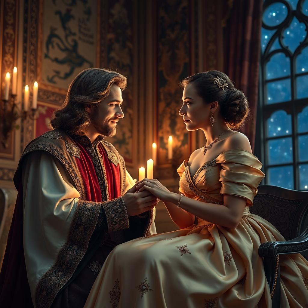 A romantic and intimate conversation between a wise king and his elegant queen in a beautifully decorated royal chamber