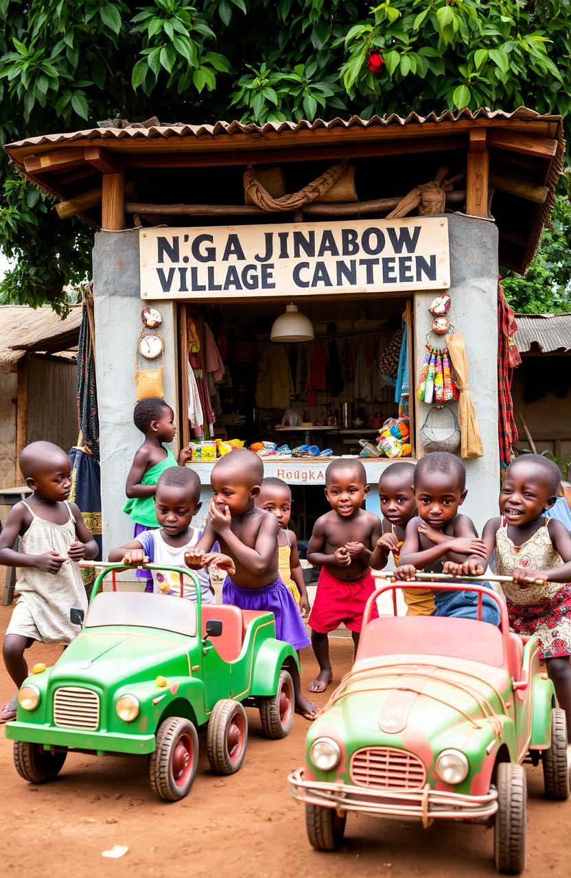 A vibrant village canteen set in a lush, green village square, with the sign 'Ngajinabow Village Canteen K'okong'o 2001' clearly visible