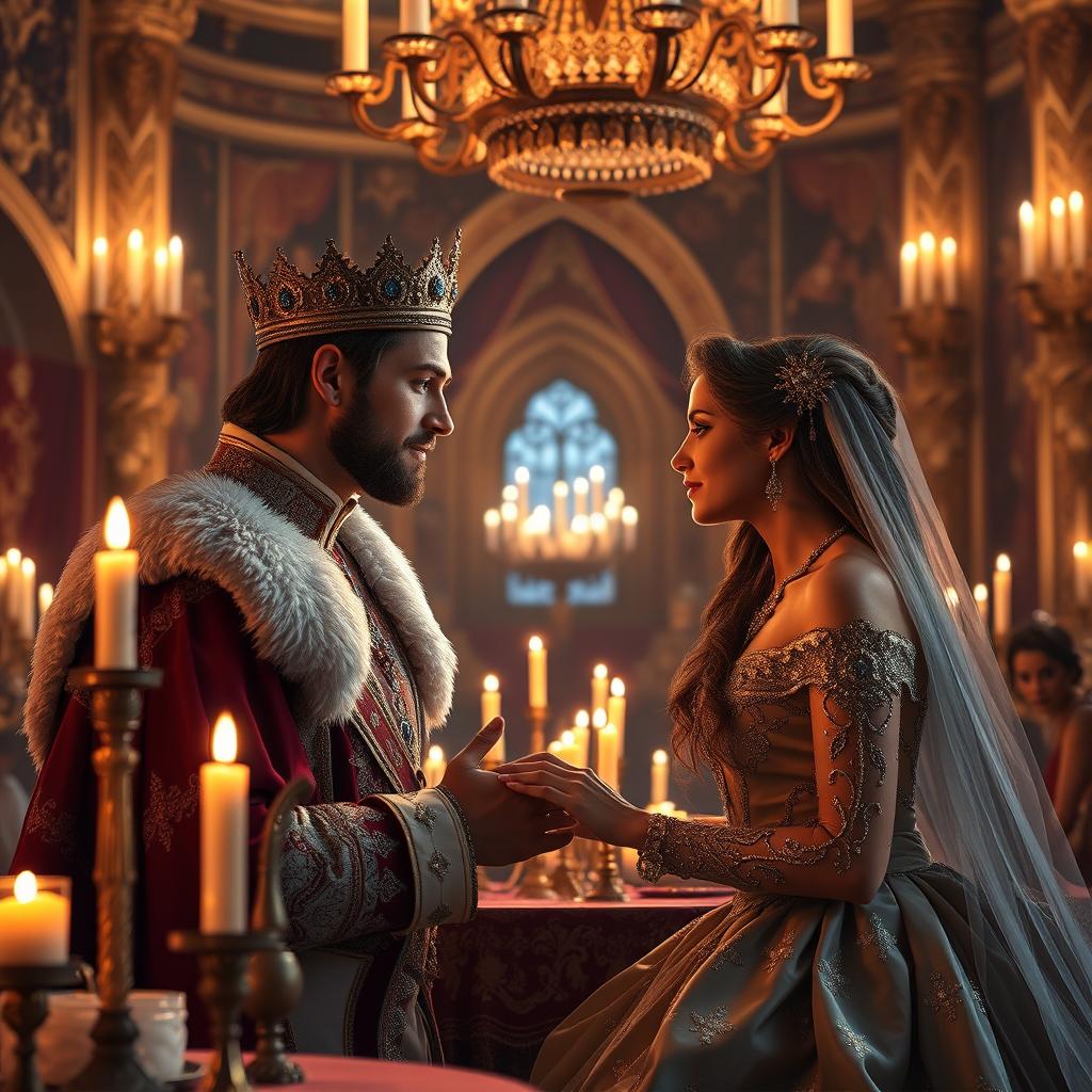 A romantic and dramatic dialogue between a regal king and his beautiful queen, set in an opulent castle's grand hall during a magnificent candle-lit evening banquet
