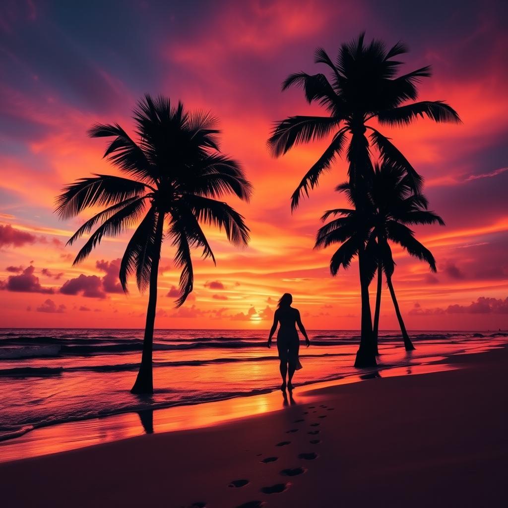A beautiful sunset beach scene, with vibrant orange, pink, and purple hues in the sky reflecting on calm ocean waters