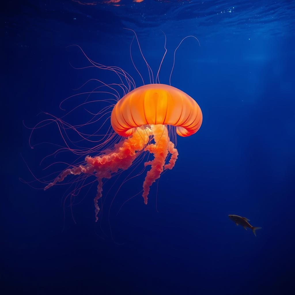 A mesmerizing underwater scene featuring a large, radiant fire jellyfish gliding gracefully through the deep blue ocean