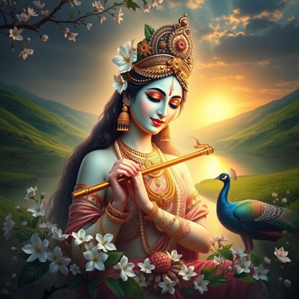 A mystical scene depicting Krishnaa, the enigmatic and beautiful feminine incarnation of Lord Krishna, adorned with traditional attire and intricate jewelry