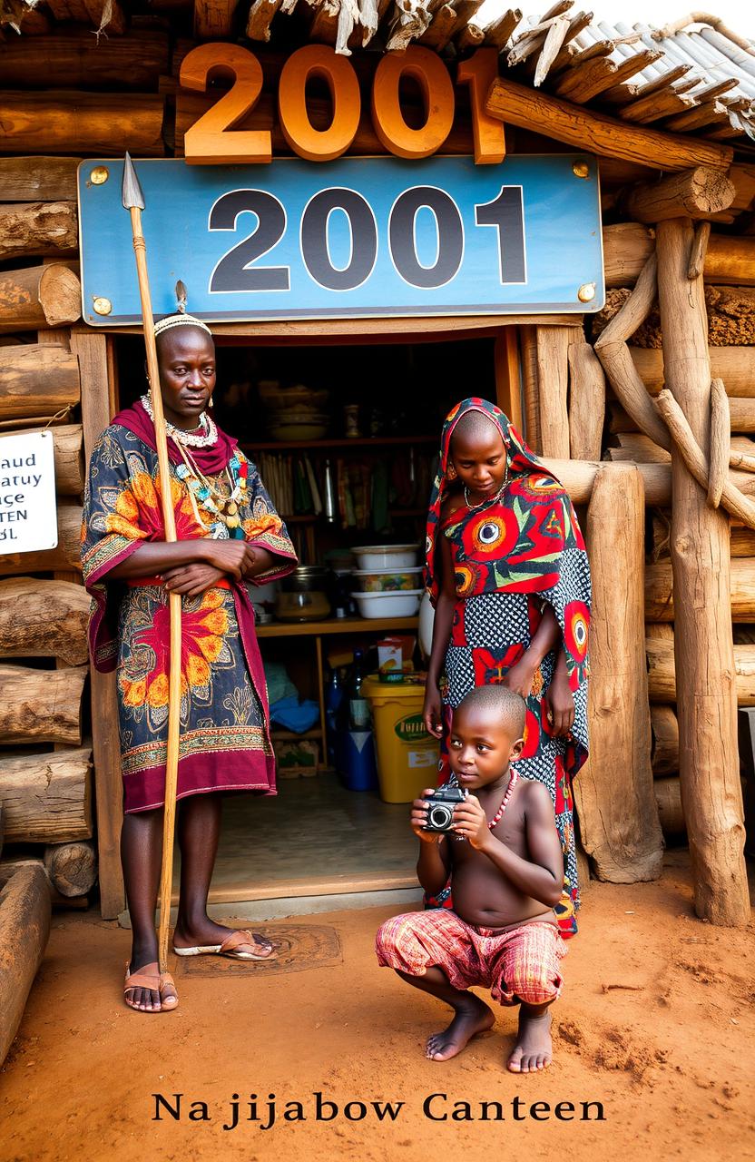 A vibrant scene set in the Ngajinabow village canteen, marked with the year 2001 prominently displayed