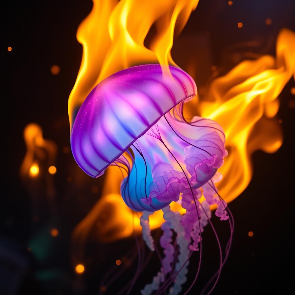 A colorful jellyfish on fire, with vibrant shades of blue, purple, and pink in its translucent body