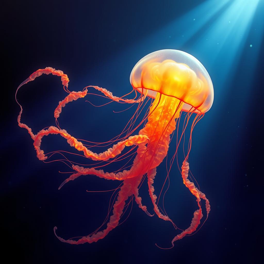 A vibrant and colorful depiction of a jellyfish with fiery, glowing tentacles, set against a dark ocean background