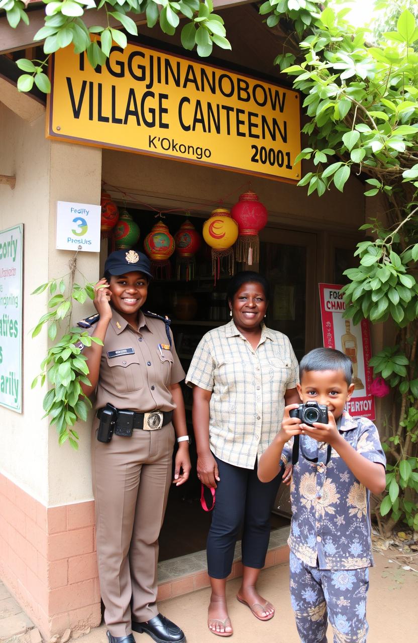 A quaint village shop with a sign that reads 'Ngajinabow Village Canteen K'Okongo 2001'