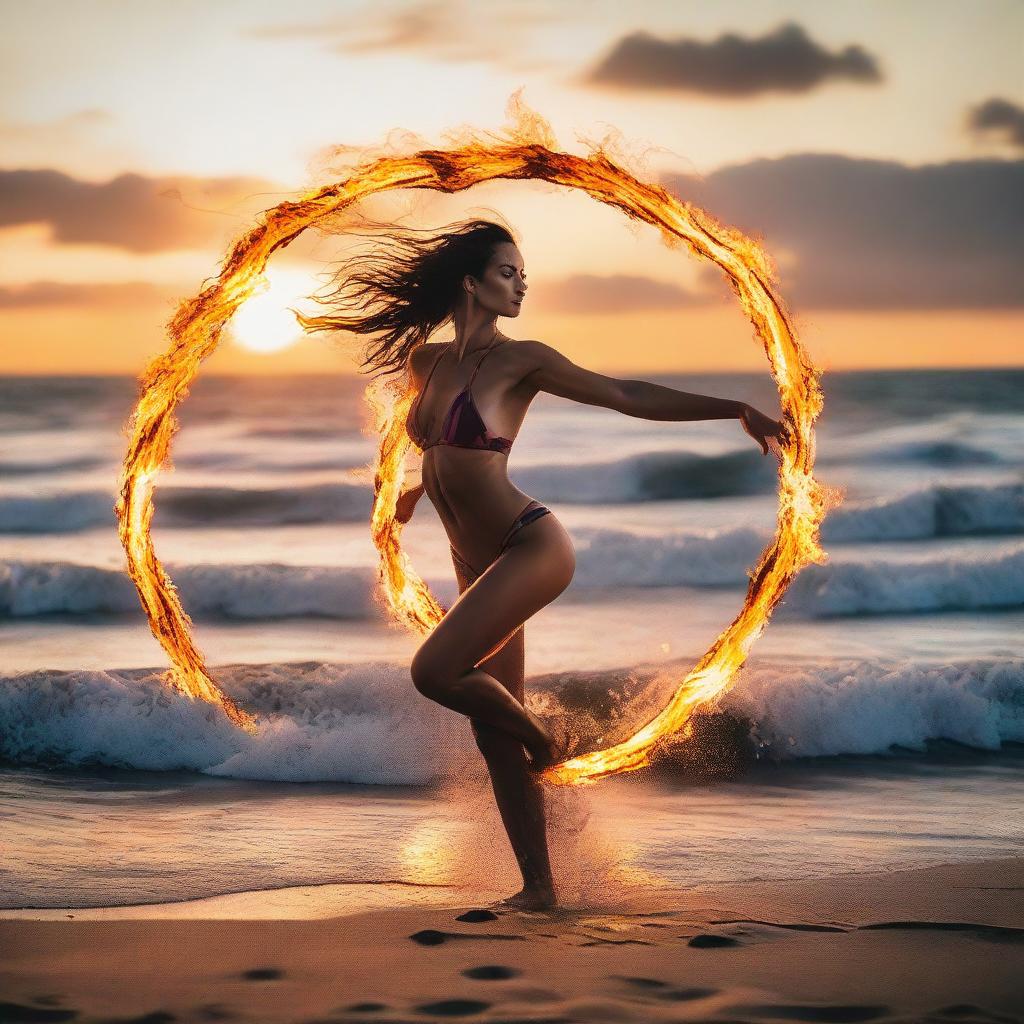 An athletic swimwear model poised on a pristine beach, unsettlingly encircled by bold, dancing flames, contrasting with the peaceful sunset ocean backdrop.