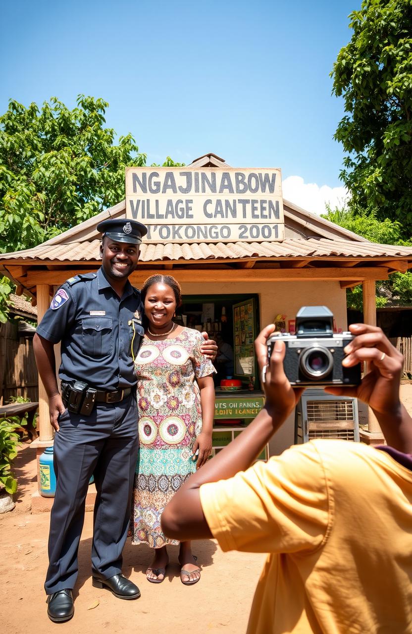 A picturesque scene of a small village shop named 'Ngajinabow Village Canteen K'Okongo 2001'