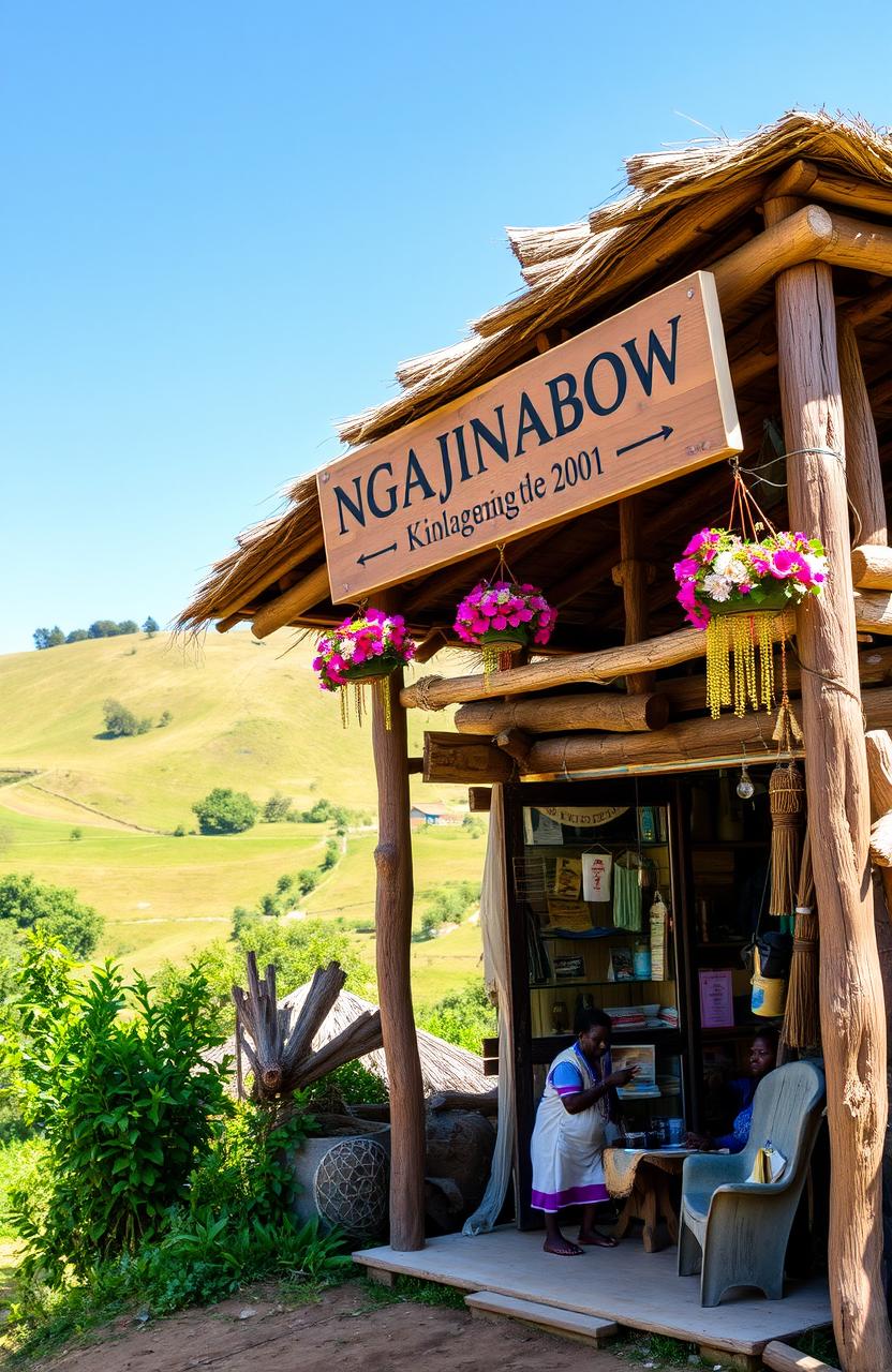 A small village shop with a sign that reads 'Ngajinabow Village Canteen K'okongo 2001'