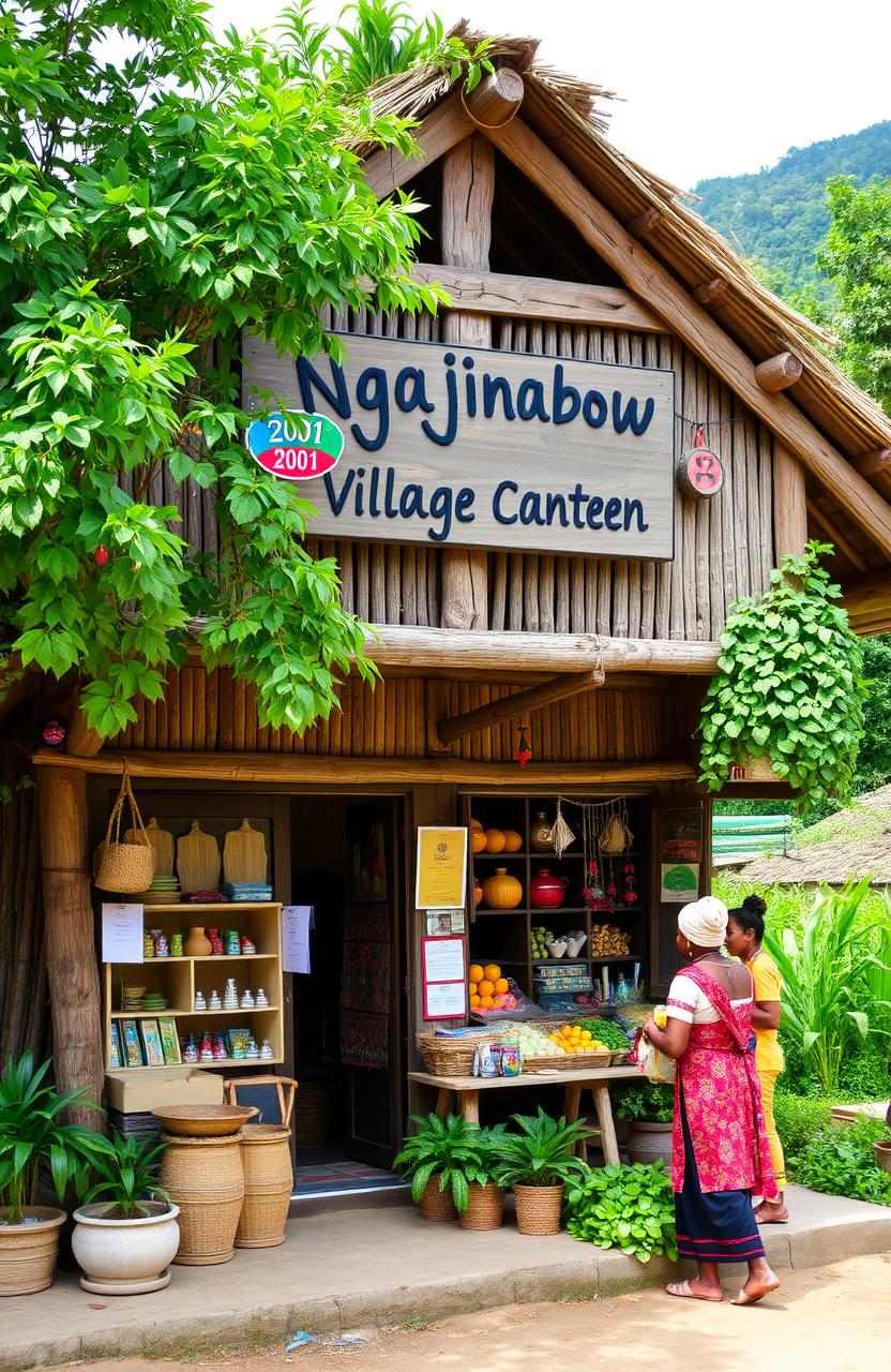 A charming small village shop named 'Ngajinabow Village Canteen' located in a picturesque rural setting
