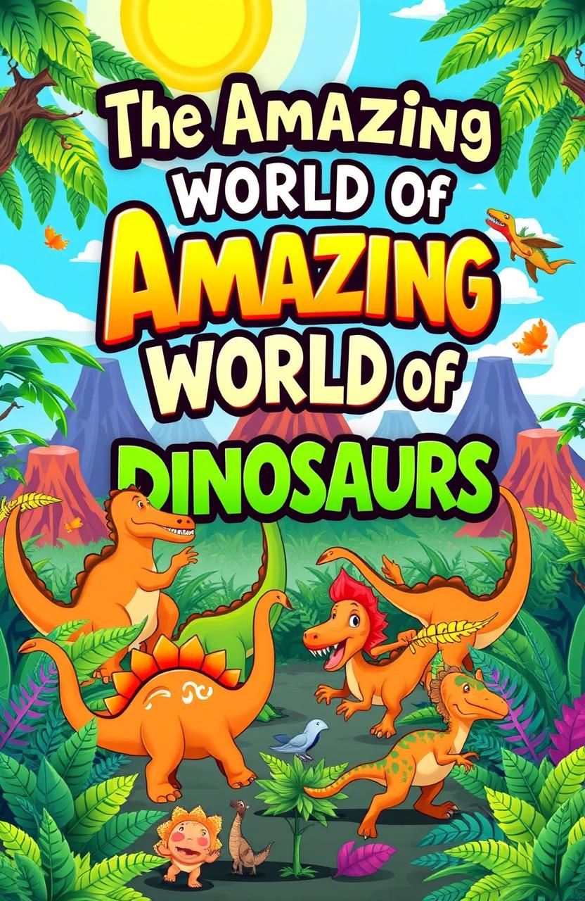 A vibrant and colorful book cover designed for children, showcasing a lively prehistoric jungle filled with dinosaurs including a T-Rex, Stegosaurus, Brachiosaurus, and Velociraptor