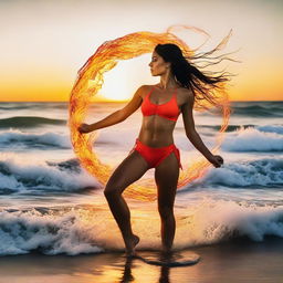 An athletic swimwear model poised on a pristine beach, unsettlingly encircled by bold, dancing flames, contrasting with the peaceful sunset ocean backdrop.