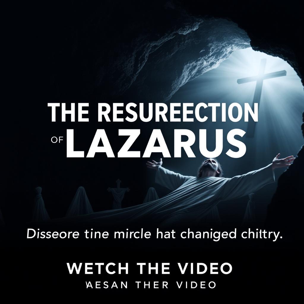 A dark and mysterious background symbolizing the tomb of Lazarus, combined with an image of a cross or Christian symbol representing faith