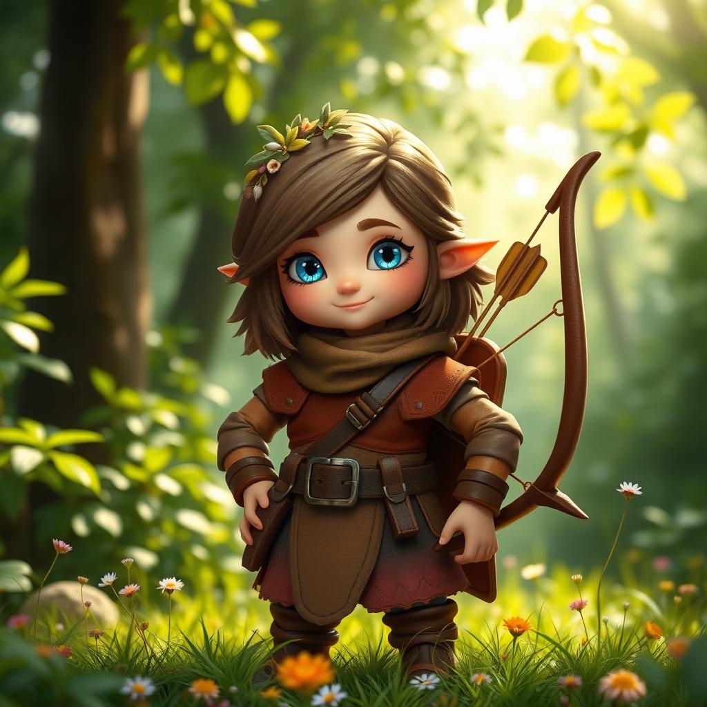 A whimsical female gnome ranger standing confidently in a lush forest
