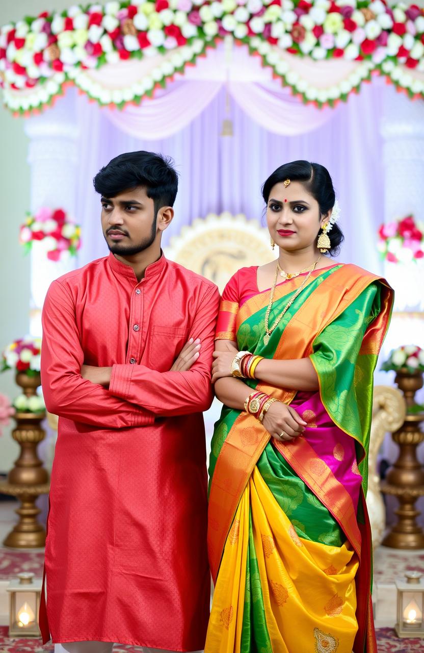 A desi couple, a young man and a young woman, standing together with expressions of unease and tension, dressed in traditional Indian attire – the man wearing a kurta and the woman in a colorful saree