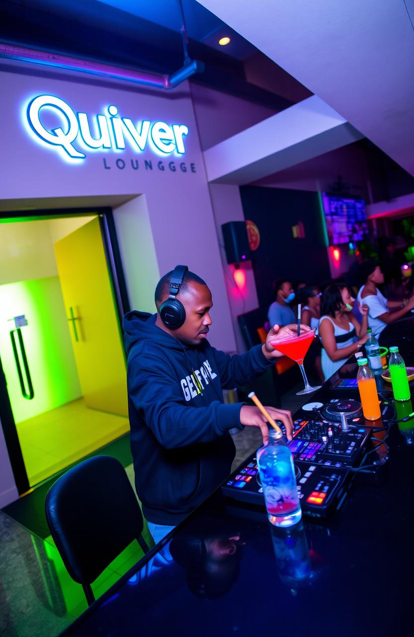 A vibrant and modern club and restaurant named 'Quiver Lounge' located in Kisumu, showcasing a stylish exterior with an inviting entrance door