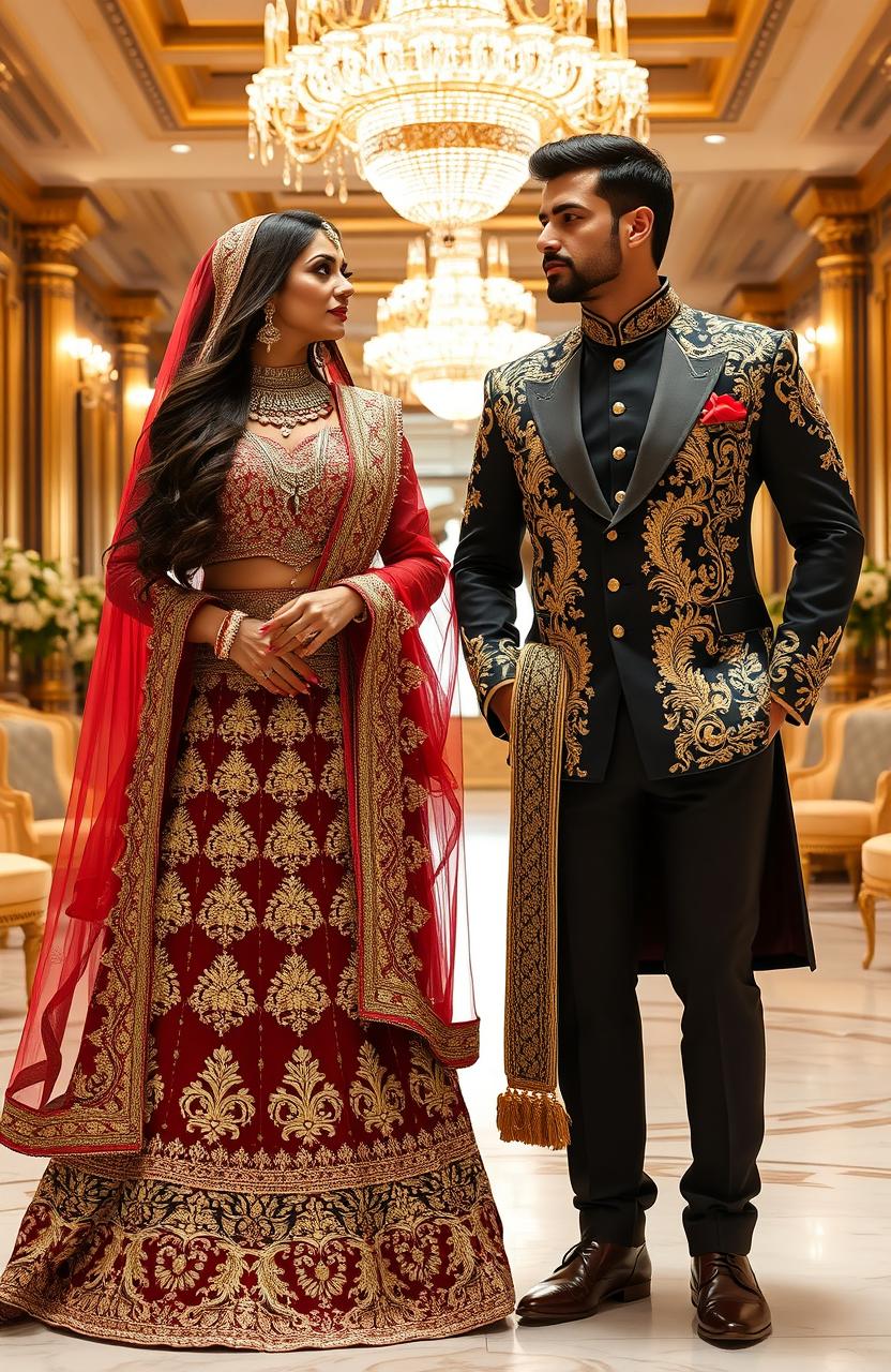 A glamorous desi billionaire couple dressed in extravagant traditional attire, featuring a rich bridal lehenga and a tailored sherwani embellished with intricate gold embroidery
