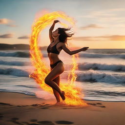 An athletic swimwear model poised on a pristine beach, unsettlingly encircled by bold, dancing flames, contrasting with the peaceful sunset ocean backdrop.