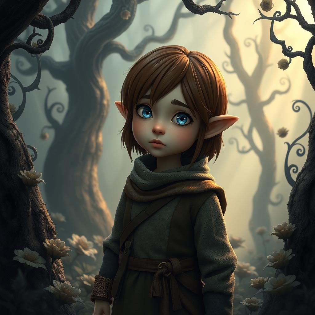 A somber adult female gnome with short brown hair and striking blue eyes, dressed in earthy-toned clothing, standing in a mystical forest setting surrounded by intricate, magical flora